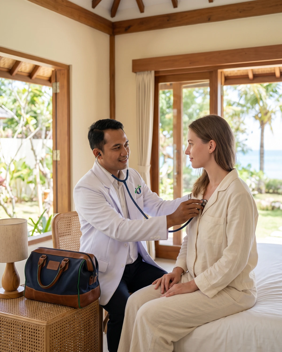 Indonesian doctor checking a tourist patient with a stethoscope during a home visit at a hotel villa near Labuan Bajo