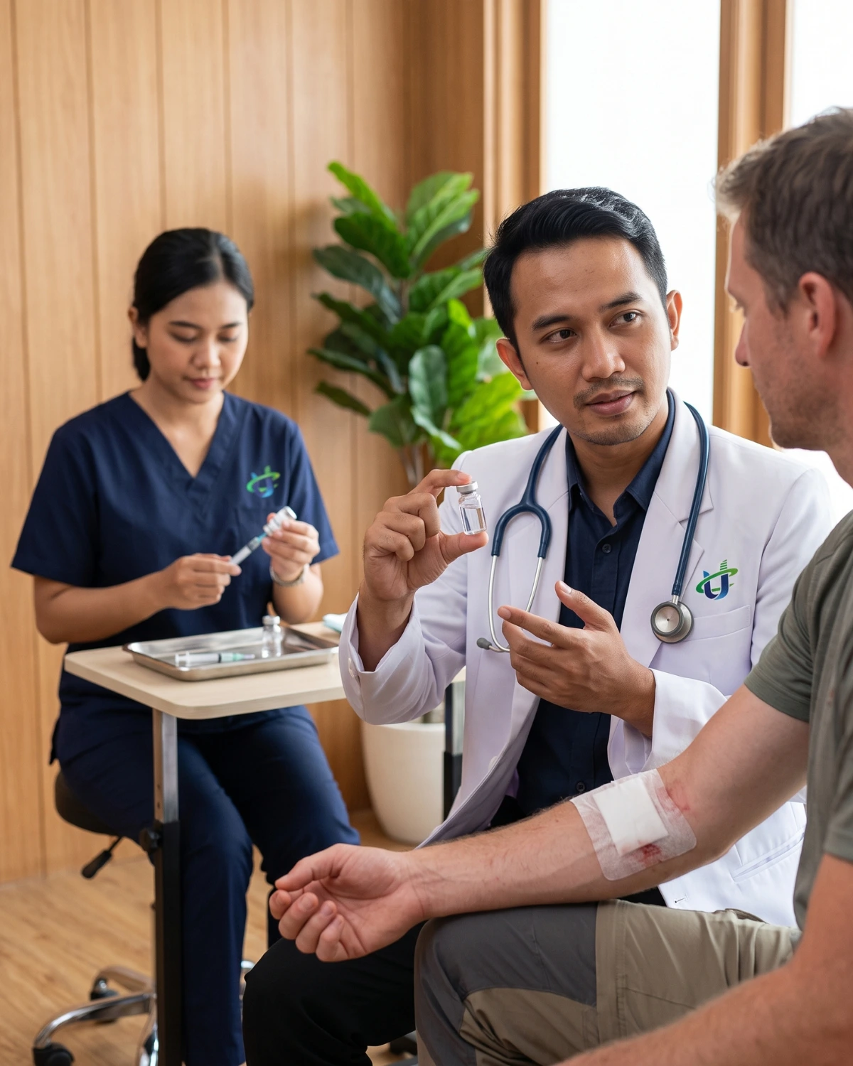 Indonesian doctor showing a rabies vaccine vial to a tourist patient with a freshly bandaged arm at Unicare Clinic Labuan Bajo, with a nurse preparing the injection in the background